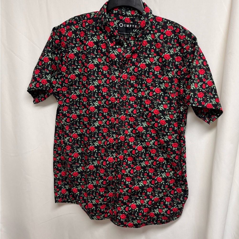 Rose Patterned Short Sleeve Button Down Collared Shirt Size Large